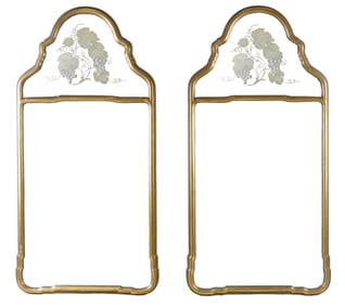 Pair of Queen Anne style wall mirrors, 20th C., shaped wooden frame with gilded finish, two