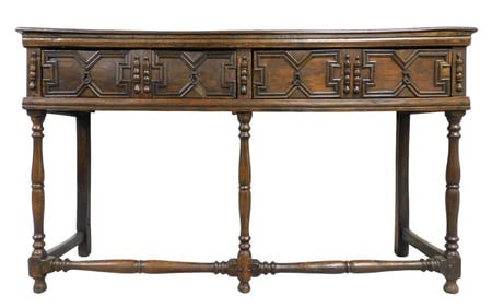 Sideboard, England, 18th C., oak, top with thumb molded edge, two short drawers with geometric