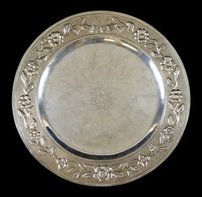 SILVER: Mexican silver round serving tray with repousse floral border to rim, stamped "Mexico A890