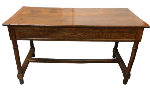 Library table, English, 18th C., oak, two board top with breadboard ends on frame, paneled apron on