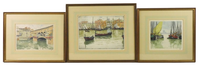 Hans Figura (Austria, 1898-1978), three colored aquatint prints featuring scenes of Italian