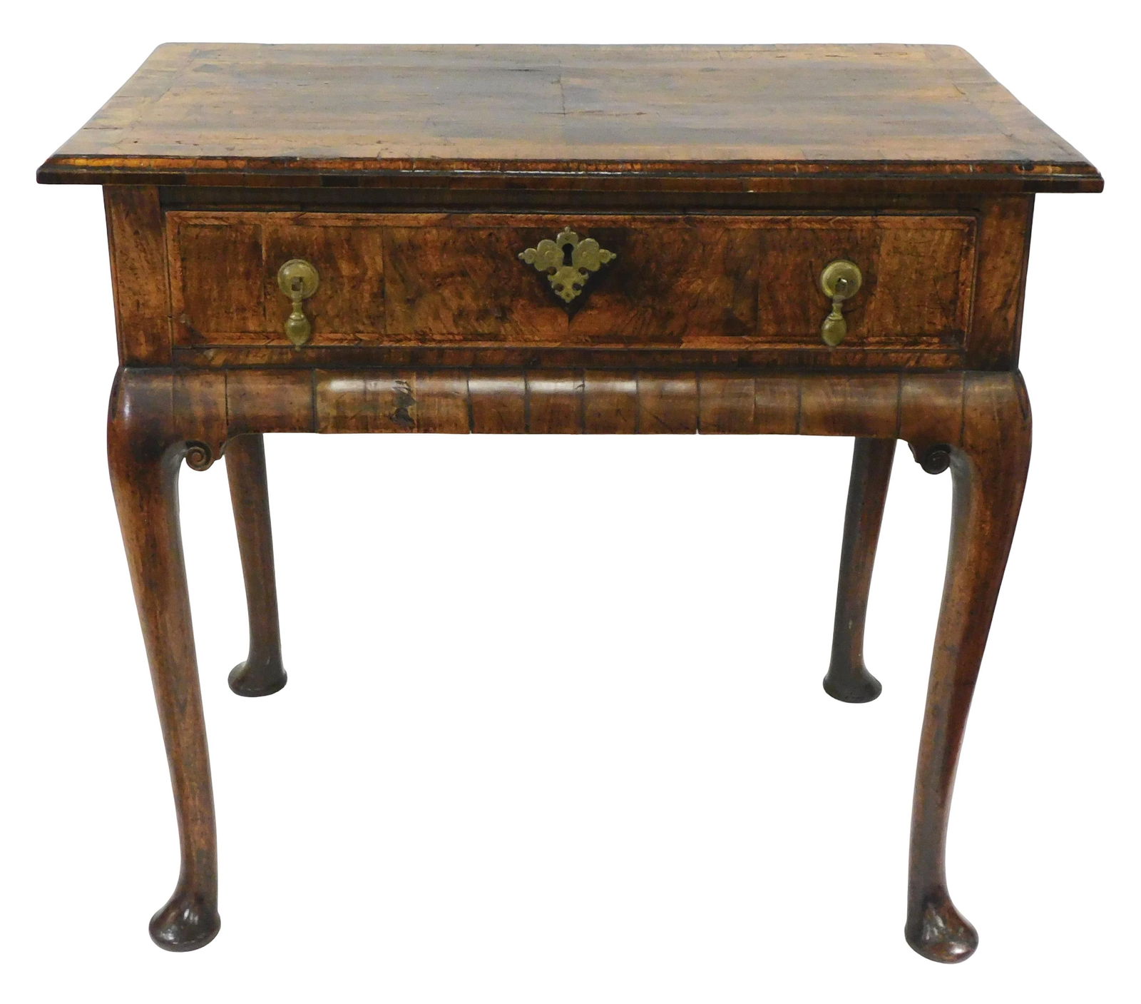 Dressing table, Queen Anne, English, early 18th C., top with four panel book matched crotch veneer, (1 of 3)
