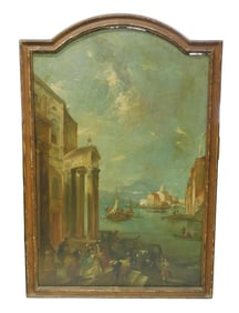 In the manner of Fancesco Guardi, oil on canvas, shaped canvas featuring view of Venetian canal,