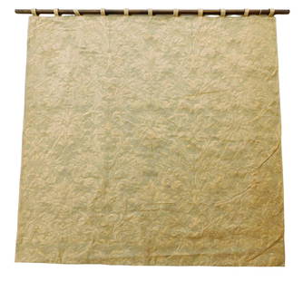 +Fortuny "Lucrezia" tapestry style wall hanging, Italian, 20th C., long staple cotton, 17th C.: +Fortuny "Lucrezia" tapestry style wall hanging, Italian, 20th C., long staple cotton, 17th C. design named after Rembrandt's painting, blue-grey and cream design, displayed on wooden bar, faded, wear