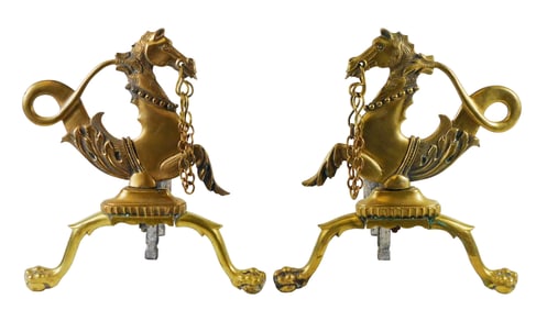 Pair of Venetian seahorse form andirons, late 19th/ early 20th C., brass fronts with iron log