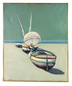 Renzo Vespignani (Italy, 1924-2001), oil on canvas, Adriatic beach scene with boats on low tide