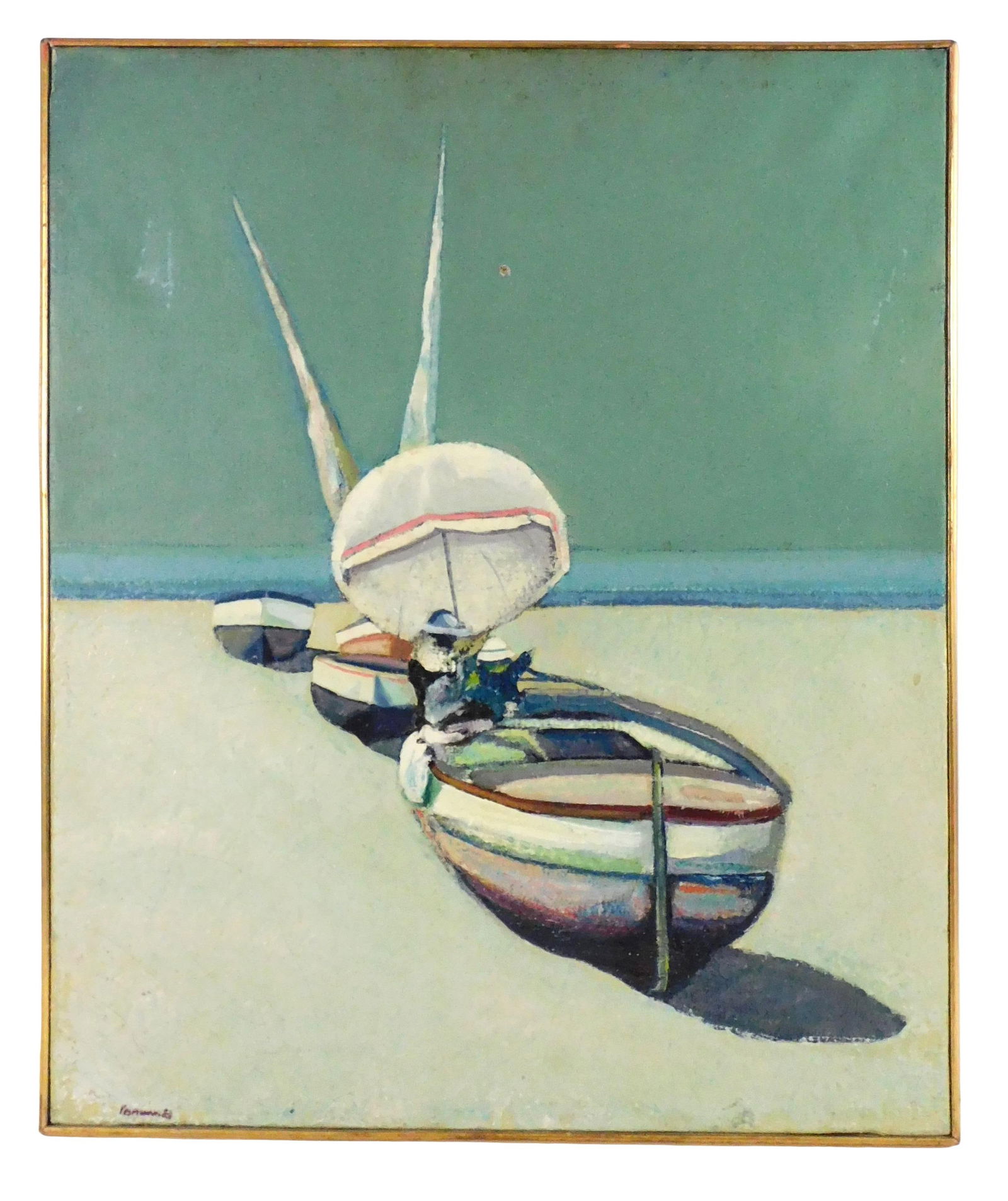 Renzo Vespignani (Italy, 1924-2001), oil on canvas, Adriatic beach scene with boats on low tide: Renzo Vespignani (Italy, 1924-2001), oil on canvas, Adriatic beach scene with boats on low tide beach, people in closest boat with parasol, ocean in the background, signed lower left, in minimal gold