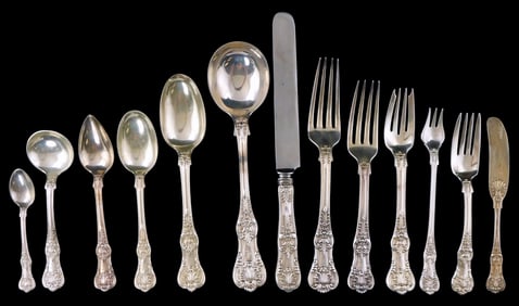 STERLING: Tiffany & Co. "English King" sterling silver flatware and serving pieces, one hundred and