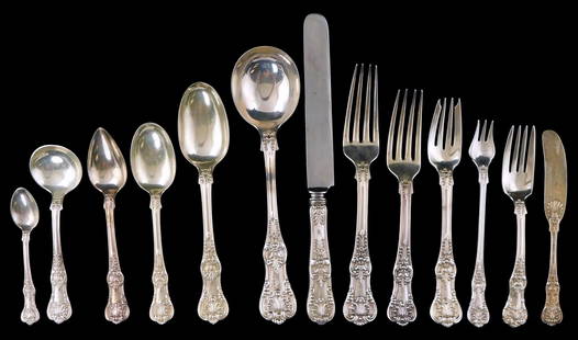STERLING: Tiffany & Co. "English King" sterling silver flatware and serving pieces, one hundred and: STERLING: Tiffany & Co. "English King" sterling silver flatware and serving pieces, one hundred and seventy-six pieces, patented in 1885, all pieces marked on reverse, items include: [FORKS]: eleven d