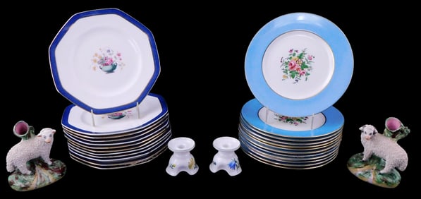 English china and a pair of Austrian candleholders, twenty-eight pieces total, details include: Pair