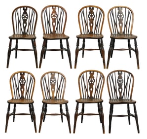 Eight brace back Windsor chairs, English, 19th C., braced hoop back with six spindles and pierced