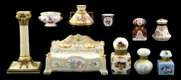 Royal Worcester, etc., ten porcelain desk accessories, details include: Continental porcelain