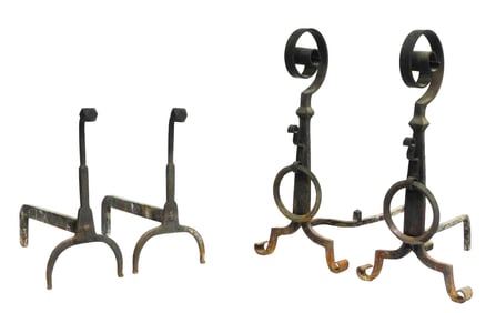 Andirons, two pairs, including: scroll finial pair, with hanging ring, 27 1/2" h.; and geometric