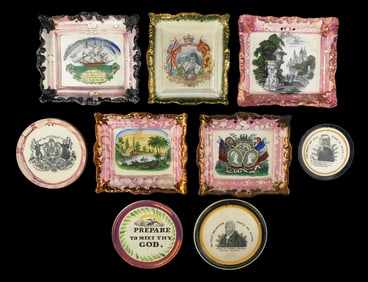 Maling, Dixon Co. Sunderland, etc. lusterware wall plaques, nine pieces, transfer images and text,