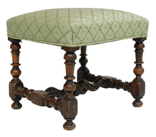 +Stool, William and Mary, English, early 18th C., walnut in newer green upholstery, ball and ring