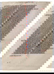 Illuminated Bible Leaf on Vellum, England, c. 1220, original leaf from a Latin Bible, c. 1220,: Illuminated Bible Leaf on Vellum, England, c. 1220, original leaf from a Latin Bible, c. 1220, written in a fine Gothic script in two columns on vellum, features a large blue and red flourished initia