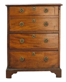 English diminutive chest, 18th C., mahogany four drawer chest, scratch beaded drawers with brass