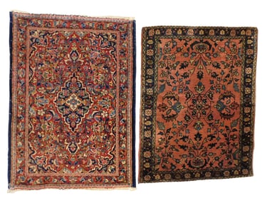 RUGS: Two Sarouk style rugs, includes; A finely woven Sarouk style rug, 2' 7" x 2' 1", wool on