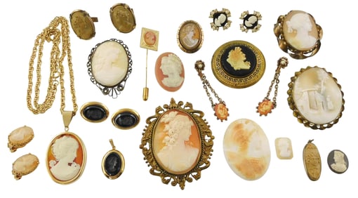 CAMEOS: Nineteen pieces of gold tone costume cameo jewelry, including intaglio, portraits, and a