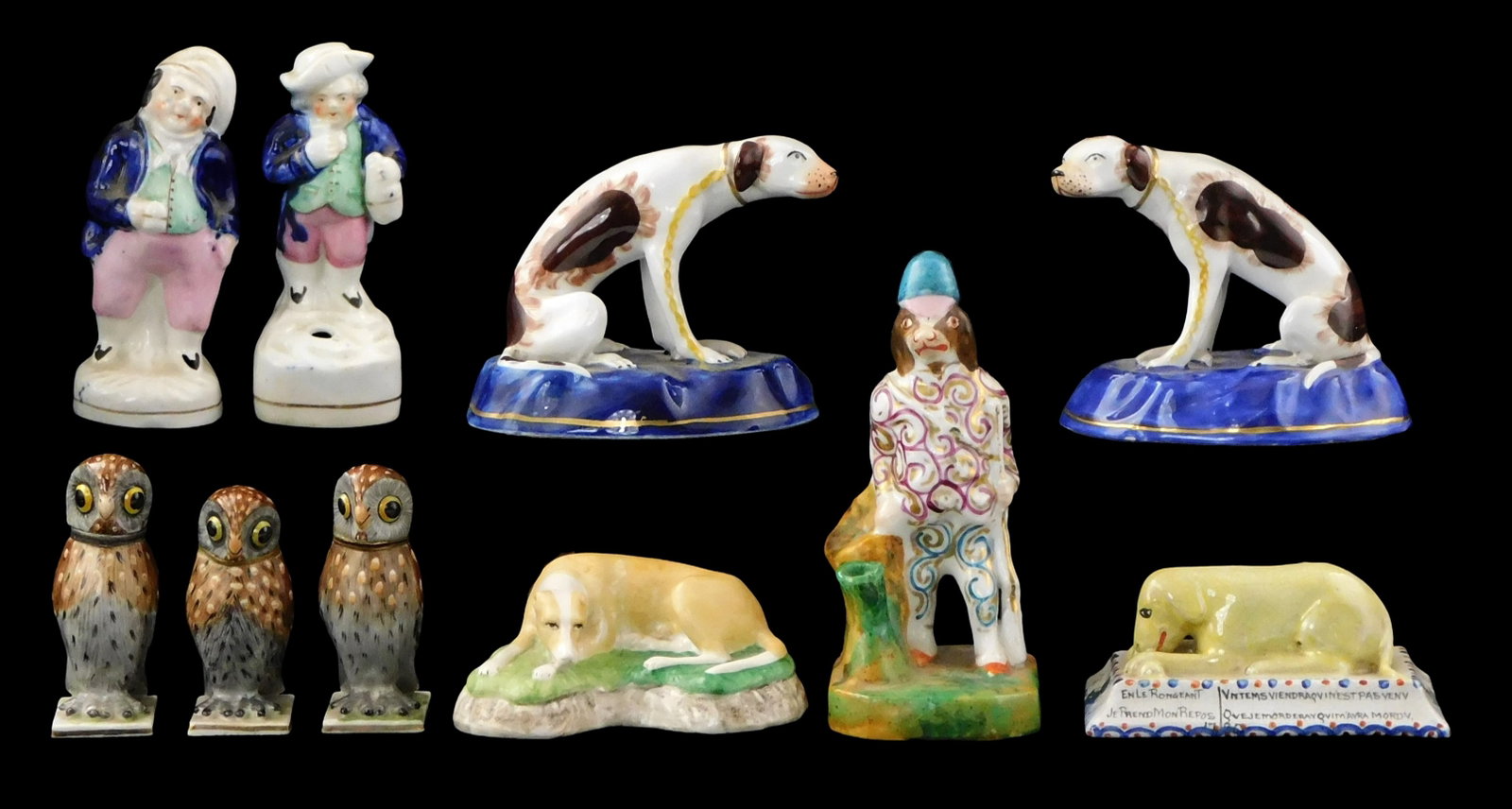 Staffordshire, Derby, etc. ten figurines, details include: three porcelain owl inkwells, one fit: Staffordshire, Derby, etc. ten figurines, details include: three porcelain owl inkwells, one fit with silver hinging hardware, stamped with the French Minerva hallmark on lid and neck, two others with