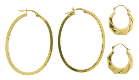 JEWELRY: 14k yellow gold earrings, two pairs, details include: 14k textured oval hoop earrings with