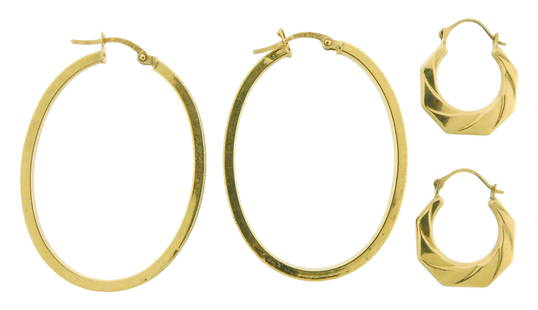 JEWELRY: 14k yellow gold earrings, two pairs, details include: 14k textured oval hoop earrings with: JEWELRY: 14k yellow gold earrings, two pairs, details include: 14k textured oval hoop earrings with latch closure, pair, 2.7 g.; 14k small flat twisted hoop with latch closure, pair, 0.9 g. [Total wei