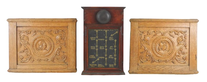 Two carved oak relief panels and servant’s annunciator, late 19th/early 20th C., carved oak panels