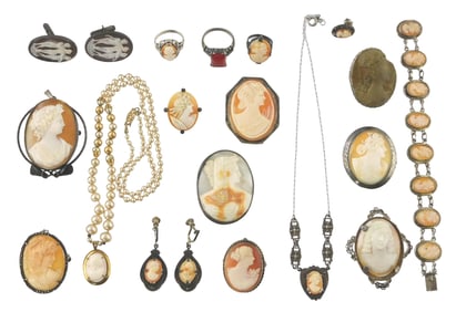 CAMEOS: Eighteen pieces of cameo jewelry in silver settings, stamped sterling or tested silver, most