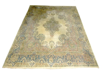 RUG: Semi Antique Persian Kerman, 11' 6" x 14' 6", wool on cotton, finely woven, cream ground with