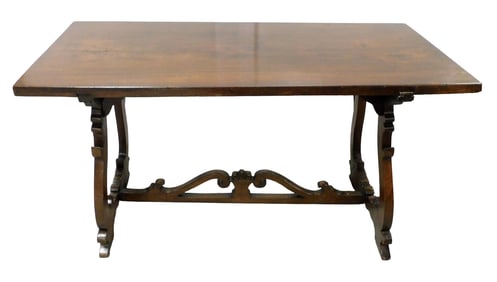 Trestle table, European, likely 18th C., walnut single board top on two cleats, each with lyre