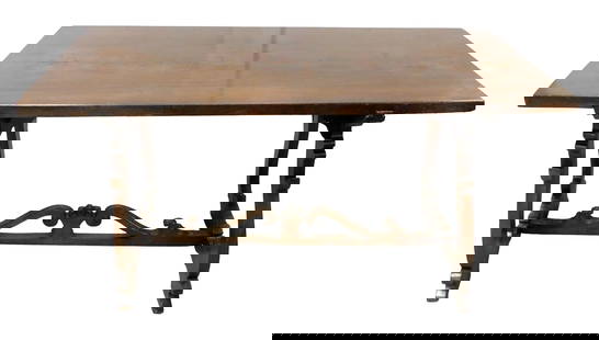 Trestle table, European, likely 18th C., walnut single board top on two cleats, each with lyre: Trestle table, European, likely 18th C., walnut single board top on two cleats, each with lyre shaped support joined by heavy pierced and scrolled cross support, refinished, patches and repairs, etc.,