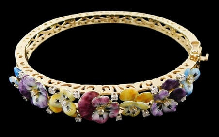 JEWELRY: 14K Gold and enamel pansy diamond bangle bracelet, hinged, tested 14K yellow gold, open