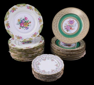 CHINA: Floral decorated porcelain plates by Limoges and Tirschenreuth, three patterns total,