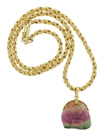 JEWELRY: Buddha pendant, watermelon tourmaline in 18k setting, hanging on 14k rope chain, 18" long;