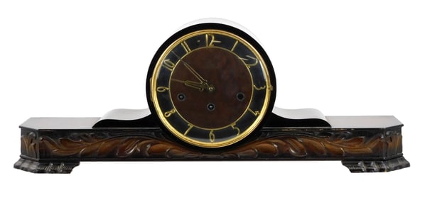 CLOCK: Emes Schweb & Anker mantle clock with chimes, German, 20th C., mahogany veneered face with