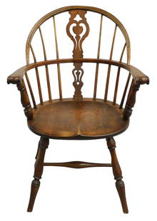 Windsor armchair, English, 20th C., oak in “sack back?? style, back central pierced splat with: Windsor armchair, English, 20th C., oak in “sack back&rdquo; style, back central pierced splat with three spindles each side, knuckle carved arms with vase turned arm supports, carved saddle seat on