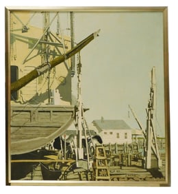 Eileen Holding (American, 20th C.), oil on canvas, (19)71, boat yard scene in muted tones featuring