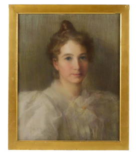 Alice B. Chittendon (American, 1859-1944), pastel portrait of woman with upswept hair, blue eyes,: Alice B. Chittendon (American, 1859-1944), pastel portrait of woman with upswept hair, blue eyes, signed lower left and dated 1896, wear consistent with age, ss: 20 1/4" h. x 16 1/2" w.