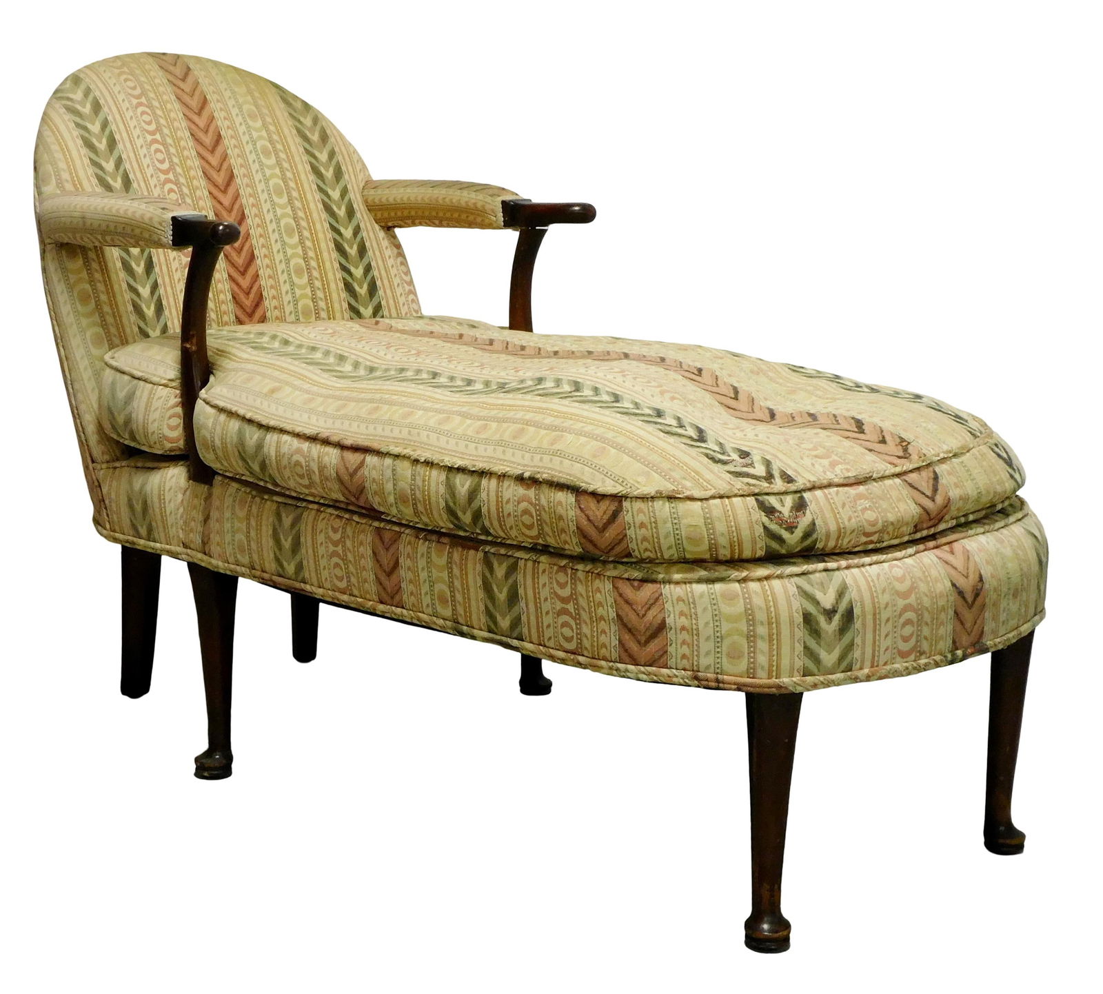 Chaise lounge, late 19th/20th C., upholstered arched and curved back, arms and base with attached: Chaise lounge, late 19th/20th C., upholstered arched and curved back, arms and base with attached pillow seat, on four straight turned Queen Anne style pad feet and two rectangular rear legs, wear con