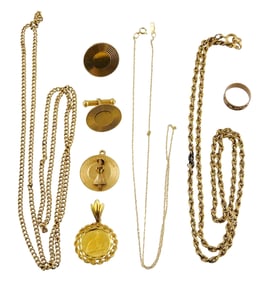 JEWELRY: Stamped or tested 14k jewelry, including three chains, a child's ring, two pendants and a