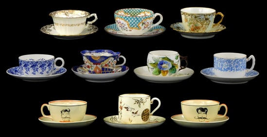 Wedgwood, Limoges, etc. ten 19th C. mustache cups and saucers, porcelain marks present on most,