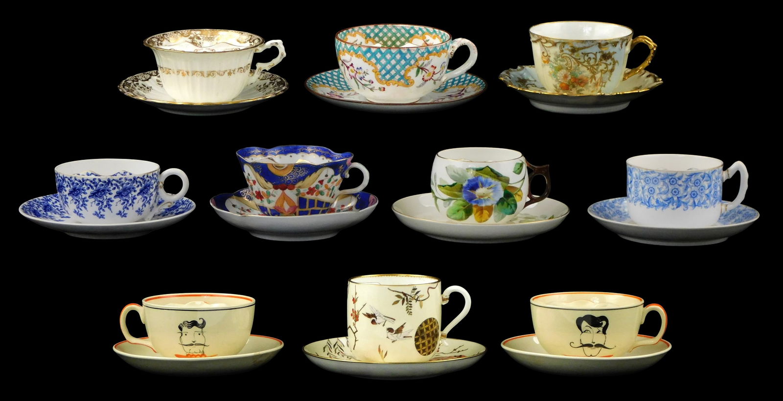 Wedgwood, Limoges, etc. ten 19th C. mustache cups and saucers, porcelain marks present on most, (1 of 5)