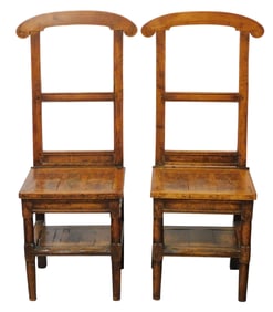 French country side chairs, 18th-19th C., pair with arched crest joining rectangular rear stiles