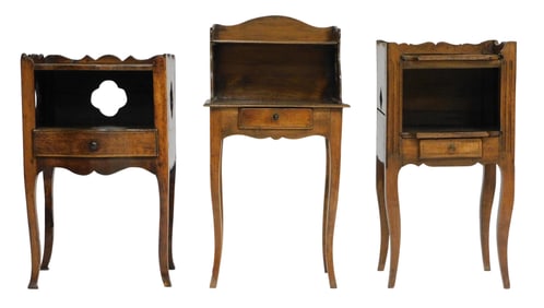 Three French wash stands, 19th C., similar in walnut, top shelf above open basin storage over single