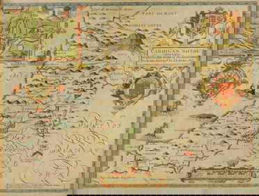 MAP: John Speed (English, 1552–1629), "Cardigan Shire described with the due forme of the Shire