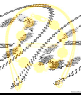 JEWELRY: Three pieces of 14K jewelry including spiral chain necklace with pendant, floral link: JEWELRY: Three pieces of 14K jewelry including spiral chain necklace with pendant, floral link bracelet, and a filigree lingerie pin, all stamped "14K", details include: spiral link necklace with pier