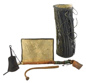 TRIBAL: Nigerian bell, ceremonial fan, and Dunun drum, 19th C., likely Yoruba Tribe, details