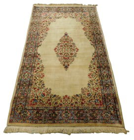 RUG: Semi-antique Persian Kirman style carpet, 7' x 3' 11", wool on cotton, floral central diamond
