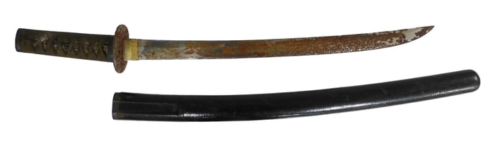 ASIAN: Japanese Wakizashi samurai sword, late 19th/early 20th C. or earlier, hilt with wood handle