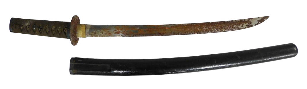 ASIAN: Japanese Wakizashi samurai sword, late 19th/early 20th C. or earlier, hilt with wood handle: ASIAN: Japanese Wakizashi samurai sword, late 19th/early 20th C. or earlier, hilt with wood handle with woven cloth grip, relief detail to top of hilt, cast iron guard, wood scabbard with black lacque